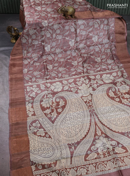 Pure tussar silk saree pastel brown with allover kalamkari prints and zari woven border