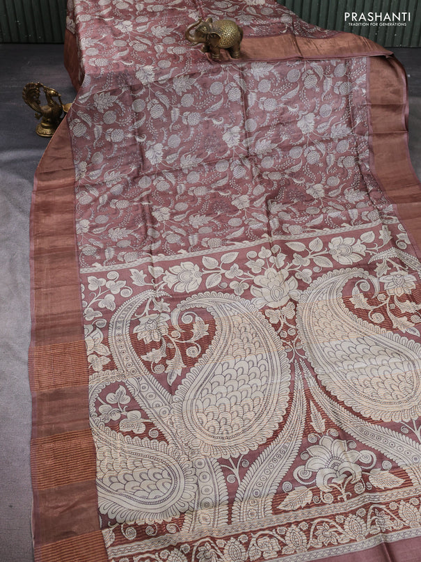 Pure tussar silk saree pastel brown with allover kalamkari prints and zari woven border