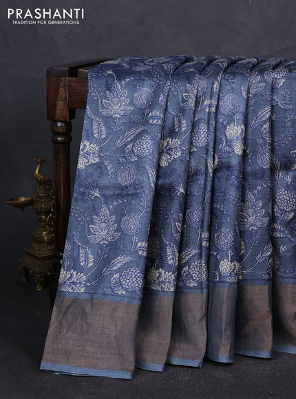 Pure tussar silk saree greyish blue with allover kalamkari prints and zari woven border
