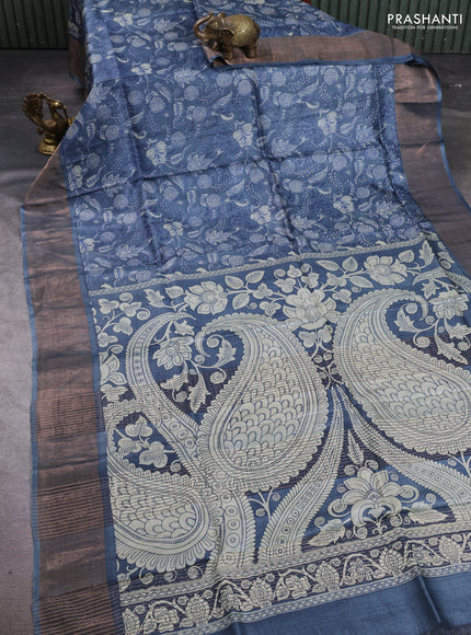 Pure tussar silk saree greyish blue with allover kalamkari prints and zari woven border