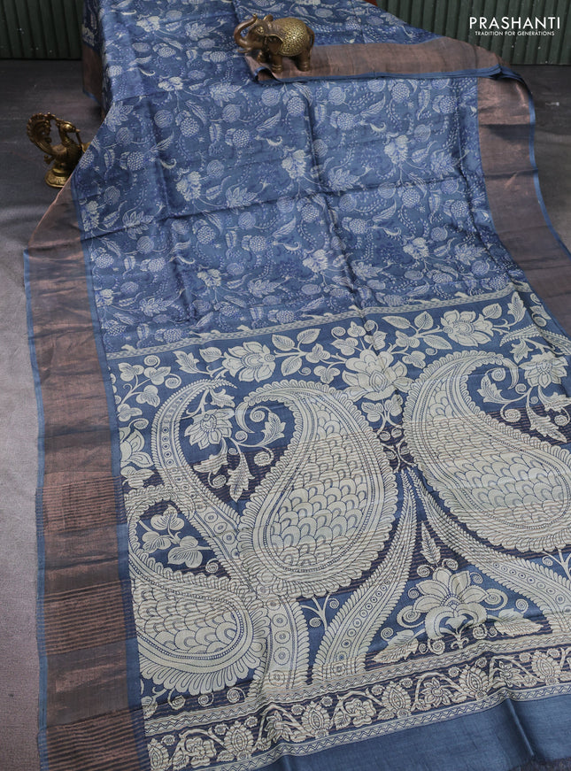 Pure tussar silk saree greyish blue with allover kalamkari prints and zari woven border