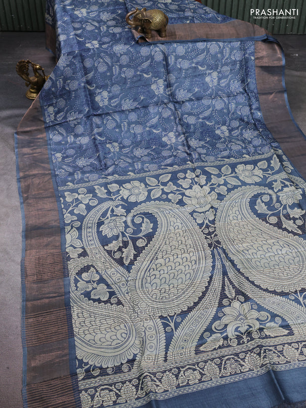 Pure tussar silk saree greyish blue with allover kalamkari prints and zari woven border