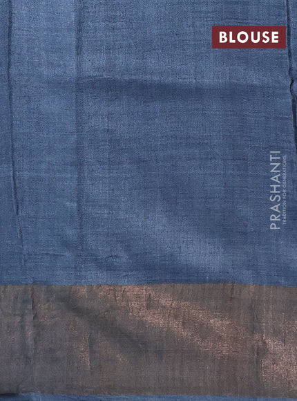 Pure tussar silk saree greyish blue with allover kalamkari prints and zari woven border