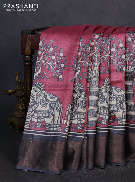Pure tussar silk saree maroon shade and grey with madhubani prints and zari woven border