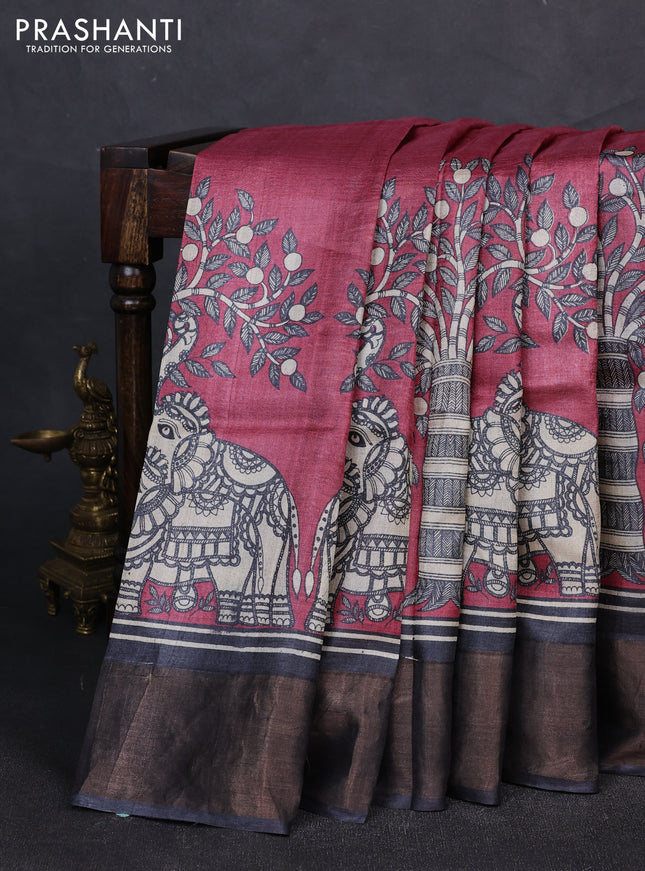 Pure tussar silk saree maroon shade and grey with madhubani prints and zari woven border