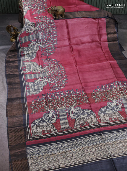 Pure tussar silk saree maroon shade and grey with madhubani prints and zari woven border