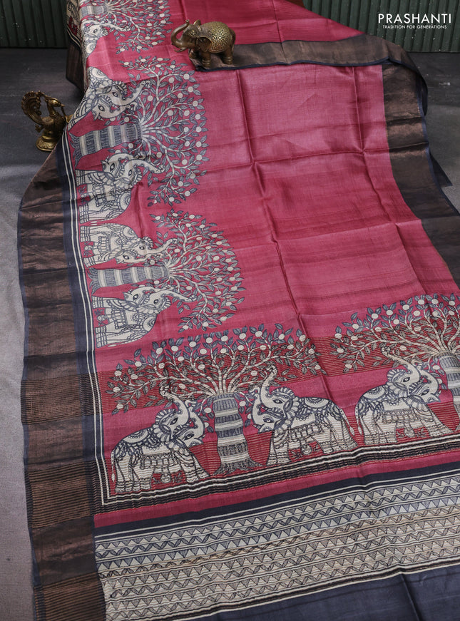 Pure tussar silk saree maroon shade and grey with madhubani prints and zari woven border