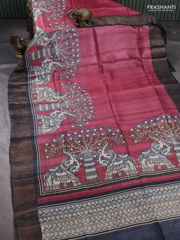 Pure tussar silk saree maroon shade and grey with madhubani prints and zari woven border