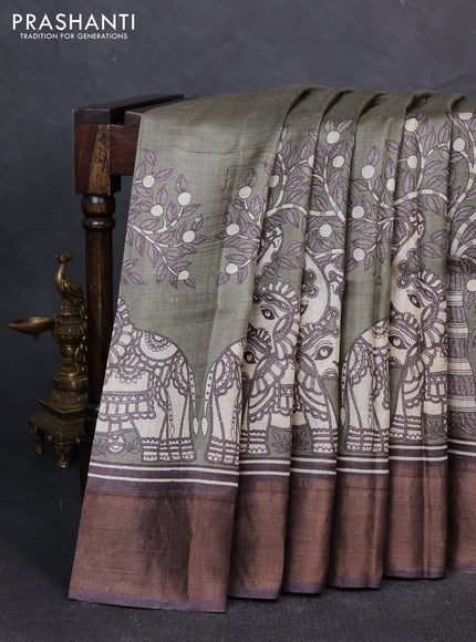 Pure tussar silk saree olive green shade and coffee brown with madhubani prints and zari woven border