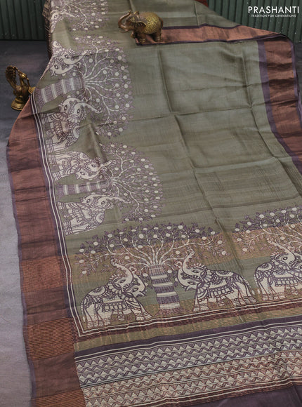 Pure tussar silk saree olive green shade and coffee brown with madhubani prints and zari woven border