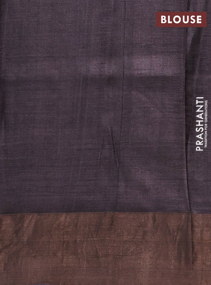 Pure tussar silk saree olive green shade and coffee brown with madhubani prints and zari woven border