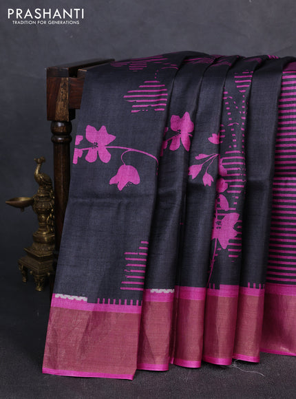 Pure tussar silk saree purple with allover geometric prints and zari woven border