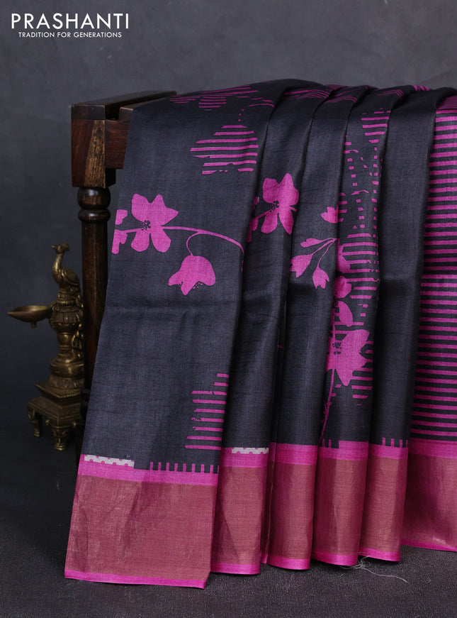 Pure tussar silk saree purple with allover geometric prints and zari woven border
