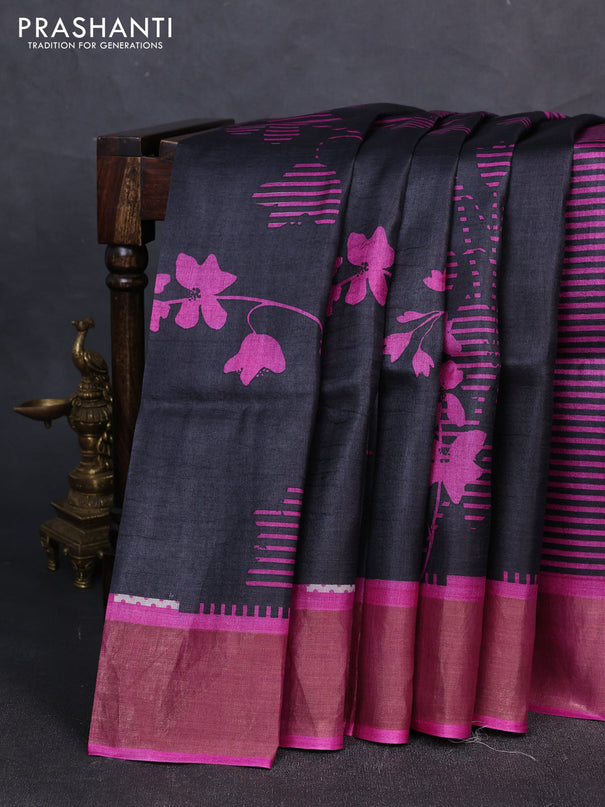 Pure tussar silk saree purple with allover geometric prints and zari woven border