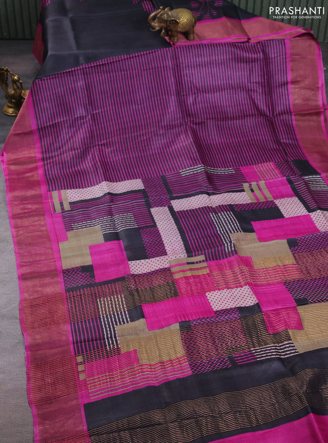 Pure tussar silk saree purple with allover geometric prints and zari woven border