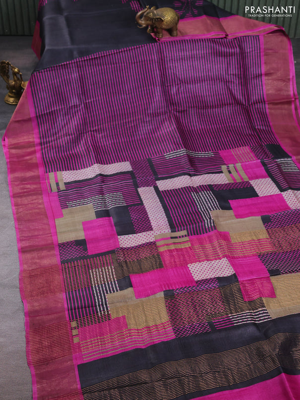Pure tussar silk saree purple with allover geometric prints and zari woven border