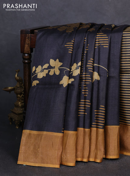 Pure tussar silk saree mustard yellow with allover geometric prints and zari woven border