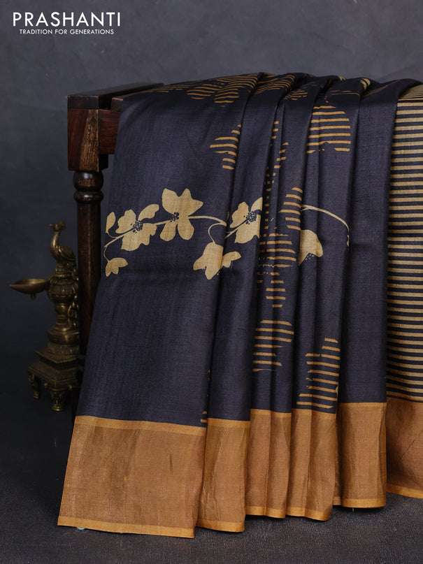 Pure tussar silk saree mustard yellow with allover geometric prints and zari woven border