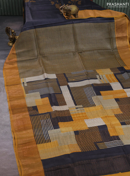 Pure tussar silk saree mustard yellow with allover geometric prints and zari woven border