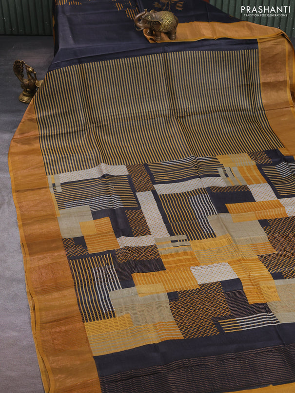 Pure tussar silk saree mustard yellow with allover geometric prints and zari woven border