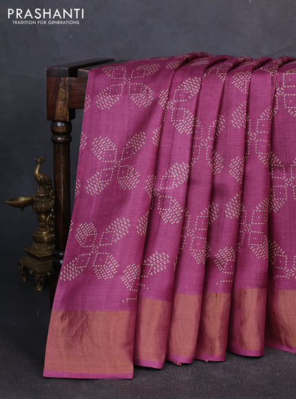 Pure tussar silk saree purple shade with allover geometric prints and zari woven border