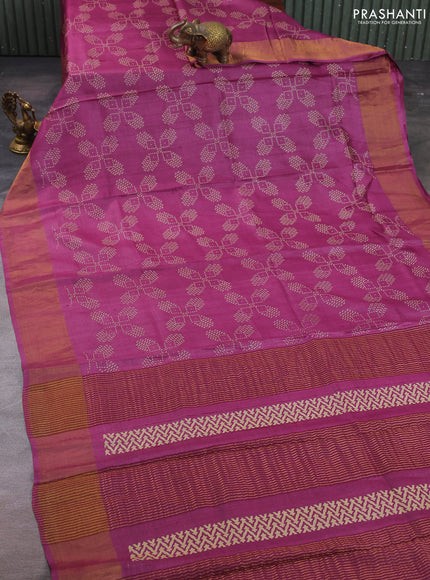 Pure tussar silk saree purple shade with allover geometric prints and zari woven border