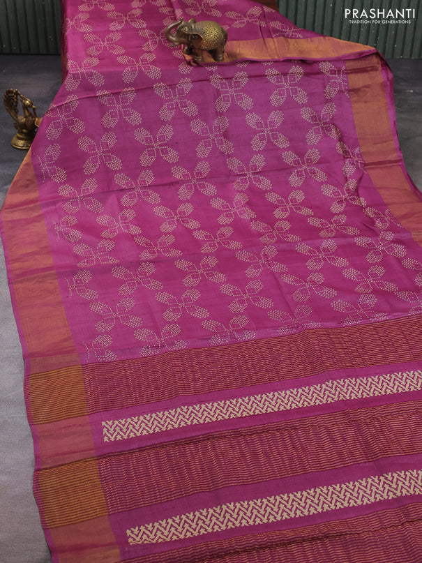 Pure tussar silk saree purple shade with allover geometric prints and zari woven border
