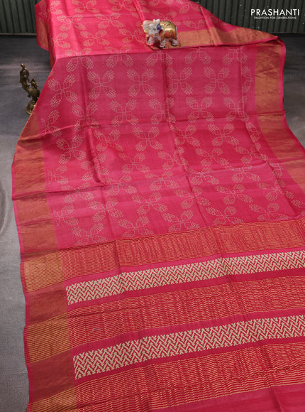 Pure tussar silk saree pink shade with allover geometric prints and zari woven border