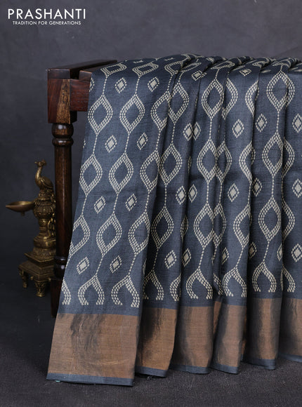 Pure tussar silk saree grey with allover prints and zari woven border
