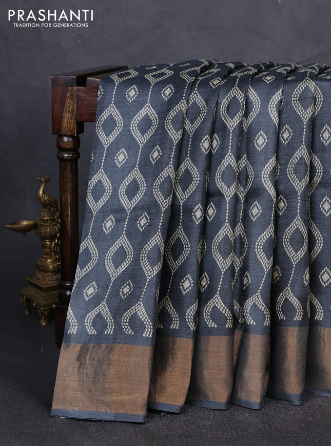 Pure tussar silk saree grey with allover prints and zari woven border