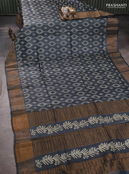 Pure tussar silk saree grey with allover prints and zari woven border