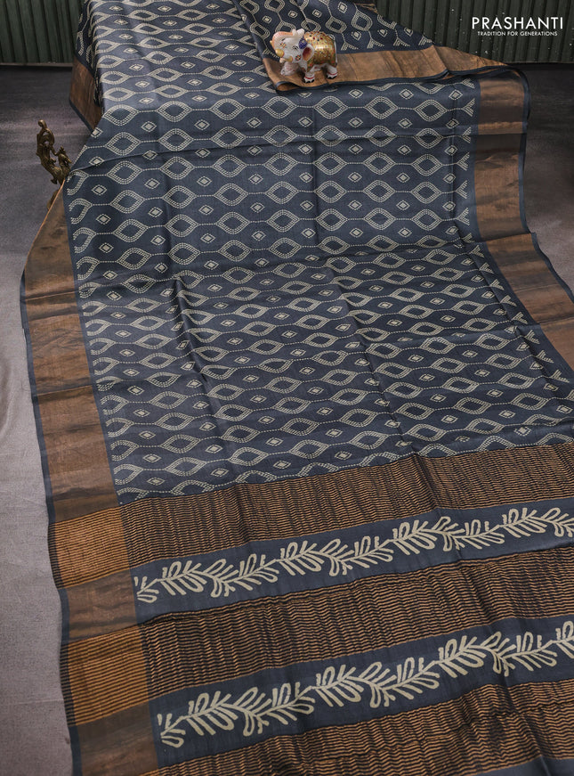 Pure tussar silk saree grey with allover prints and zari woven border