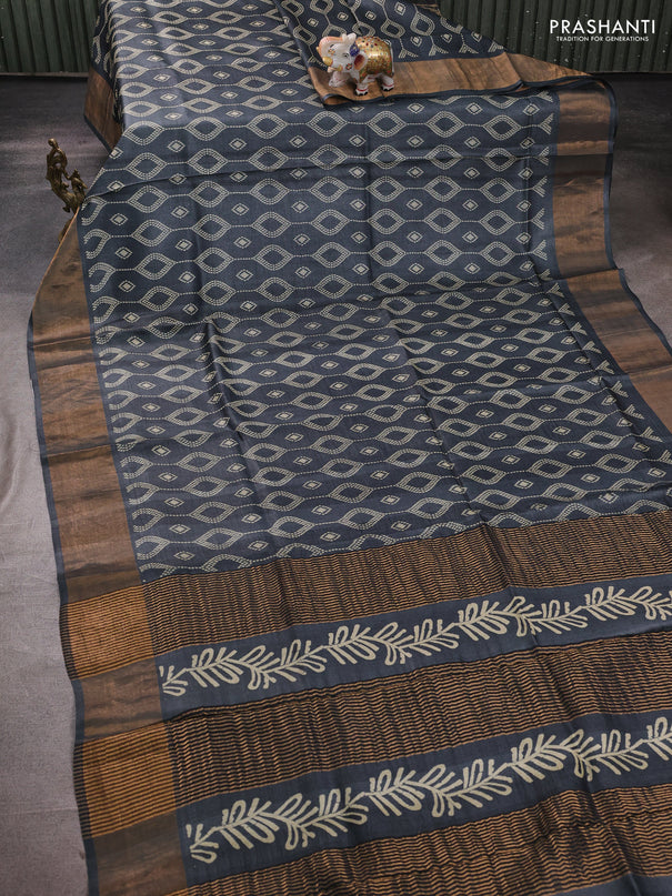 Pure tussar silk saree grey with allover prints and zari woven border