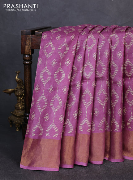 Pure tussar silk saree purple shade with allover prints and zari woven border