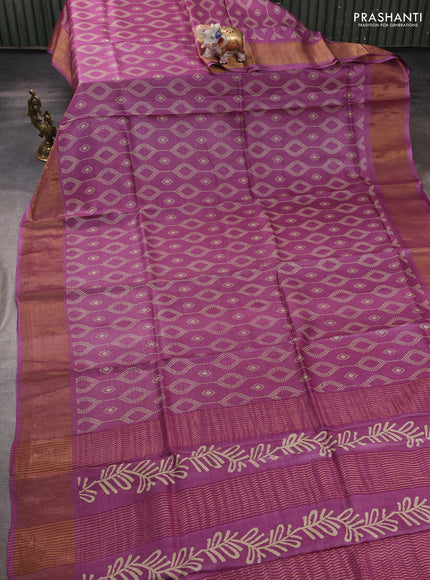 Pure tussar silk saree purple shade with allover prints and zari woven border