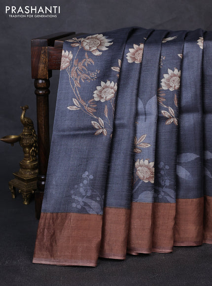 Pure tussar silk saree grey and pastel brown with floral prints and zari woven border