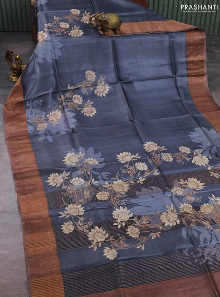 Pure tussar silk saree grey and pastel brown with floral prints and zari woven border