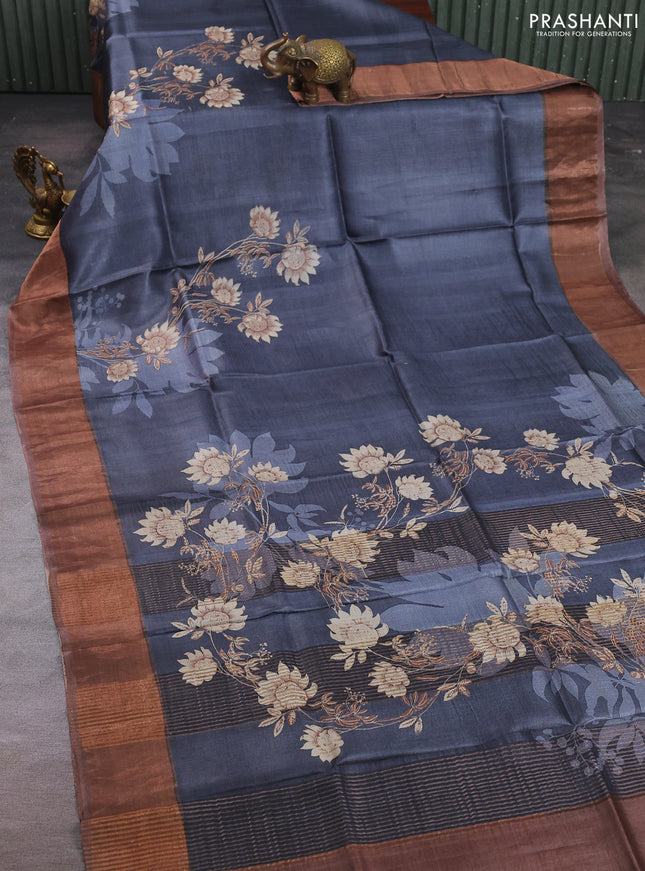 Pure tussar silk saree grey and pastel brown with floral prints and zari woven border