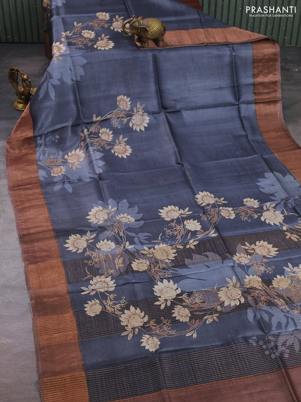 Pure tussar silk saree grey and pastel brown with floral prints and zari woven border
