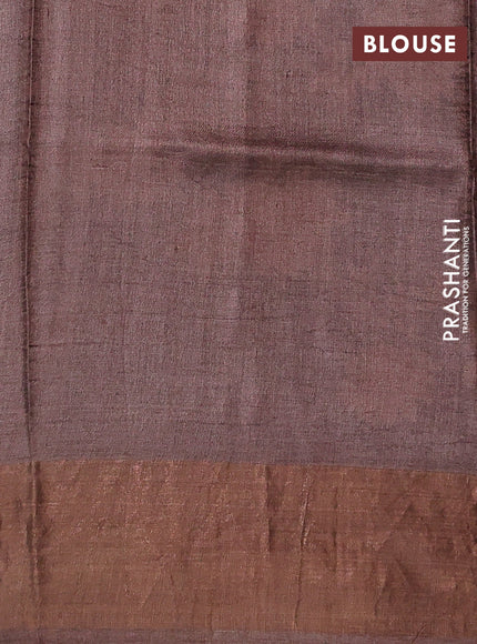 Pure tussar silk saree grey and pastel brown with floral prints and zari woven border