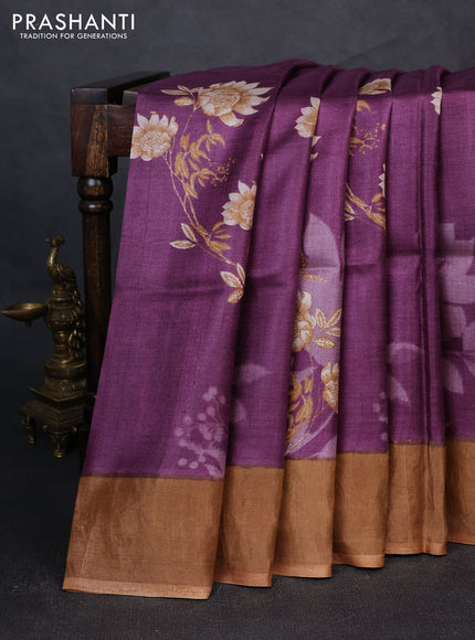 Pure tussar silk saree purple and dark sandal with floral prints and zari woven border