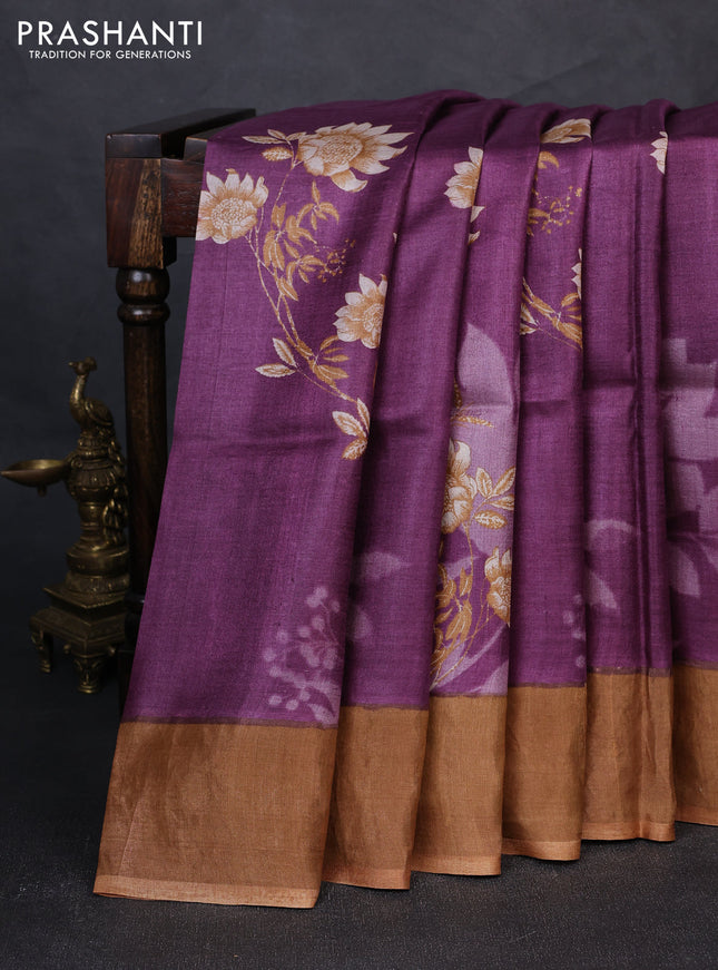 Pure tussar silk saree purple and dark sandal with floral prints and zari woven border