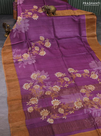 Pure tussar silk saree purple and dark sandal with floral prints and zari woven border