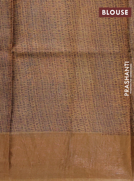 Pure tussar silk saree cs blue and sandal with floral prints and zari woven border