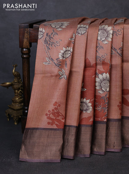 Pure tussar silk saree dark sandal and greyish brown with floral prints and zari woven border
