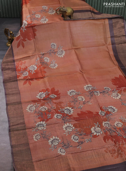 Pure tussar silk saree dark sandal and greyish brown with floral prints and zari woven border
