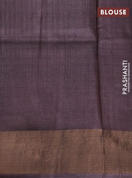 Pure tussar silk saree dark sandal and greyish brown with floral prints and zari woven border