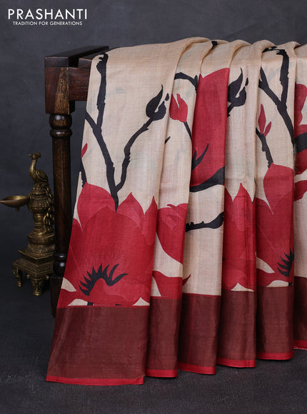 Pure tussar silk saree beige and maroon with allover prints and zari woven border