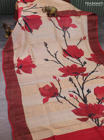Pure tussar silk saree beige and maroon with allover prints and zari woven border