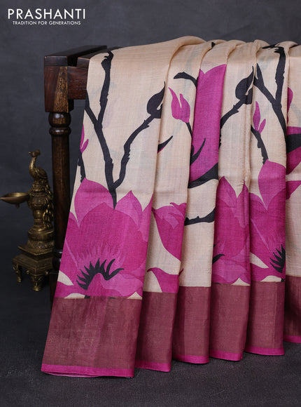 Pure tussar silk saree beige and magenta pink with allover prints and zari woven border